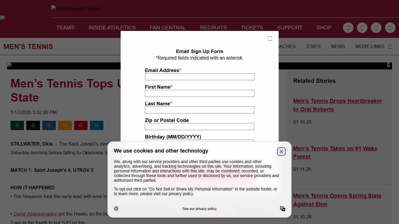 Men’s Tennis Tops UTRGV, Falls to Oklahoma State - Saint Joseph's University